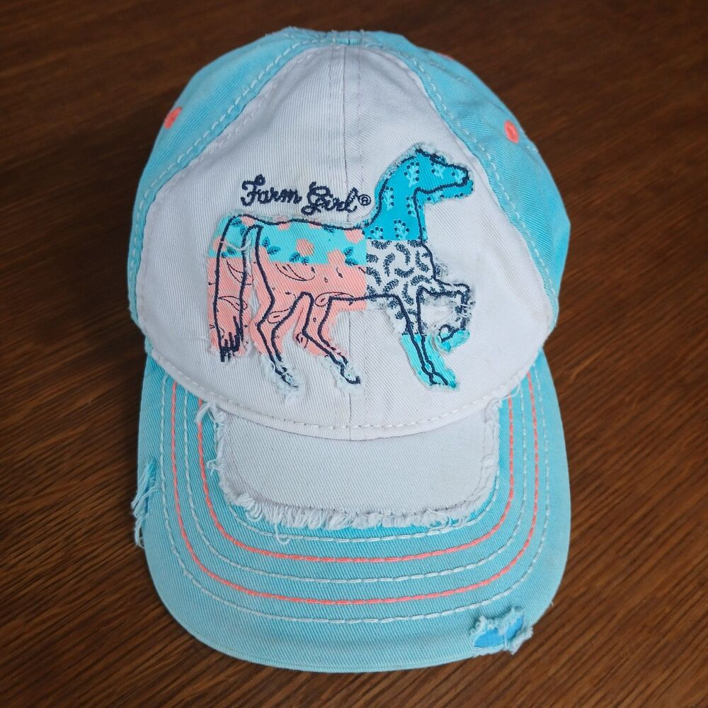 Farm Girl Brand Pink Teal Distressed Women's Baseball Cap Hat Size M/L